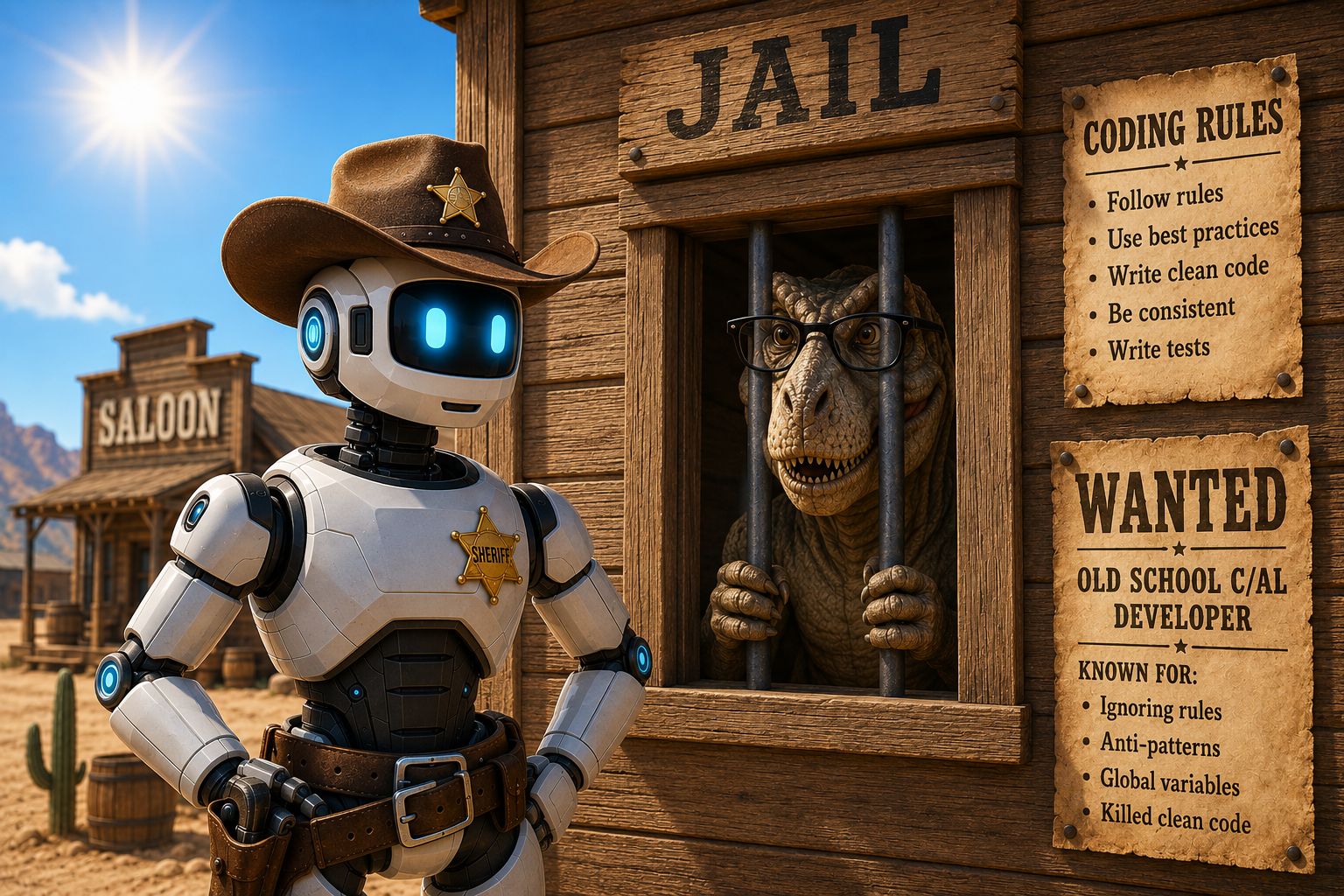 Robot Sheriff and Dinosaur in jail